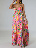 Zjkrl Women Spaghetti Strap Floral Printed Maxi Dress Elegant Summer Boho Beach Slit Dress