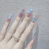 Zjkrl - 24Pcs/Box Gradient Color Artifical Press On Nails With Glue Long Coffin Fake Nails Lovely Girls Nail Art Ballerina False Nails