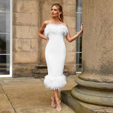 Zjkrl Fall Winter Party Dresses For Women Strapless Feather Evening Dresses Elegant Formal Party Dresses For Women Sexy Corset Bodycon Midi Dress White Black