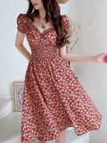 Vintage Print Puff Sleeve Summer Beach Sweet Dresses Casual V-neck Floral Long Dress Boho Party Beach 2023