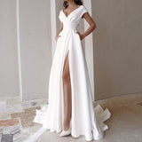 Zjkrl - Female Elegant Temperament Party Dresses Fashion V-neck Sleeveless High Waist Long Dress Solid Pleated Split Women Evening Dress