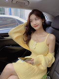Winter Sweet Knitted Two Piece Dress Set Women Casual Coat+Strap Dress Set Female Korean Style Solid Slim Chic Dress Suit 2022