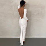Zjkrl Backless Maxi Dress Elegant Red Long Sleeve Sexy Ruched Bodyocn Evening Party Dress for Women 2023 Spring Slim Christmas Outfits