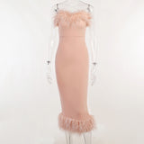 Zjkrl Fall Winter Party Dresses For Women Strapless Feather Evening Dresses Elegant Formal Party Dresses For Women Sexy Corset Bodycon Midi Dress White Black