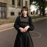 Zjkrl - Gothic Black Lace Dress Women Casual Elegant Party Midi Ruffle Long Sleeve Dress Emo Y2k Goth Clothes 2022 Spring Robes