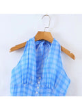 Romantic Women Blue Plaid Halter Long Dress Sexy Backless Sleeveless Ladies Holiday Summer Dresses Fairy Robe