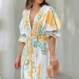 Zjkrl Women Maxi Dress Summer Stylish Print Short Puff Sleeve V Neck Nipped Waist Slim Single Row Button Beach Party Dresses