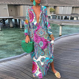 Zjkrl Women Elegant V Neck Loose Party Dress Lady Retro Printing Long Sleeve Holiday Dress Autumn Casual Femme Dress Streetwear