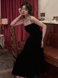 Zjkrl Summer Women Elegant Spaghetti Strap Midi Black Velvet Dress Sexy Prom Evening Party Birthday Club Fashion Clothing