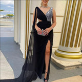 Zjkrl - Fashion Banquet Ladies Long Dress Vestidos Sexy Sequin Stitching Mesh V-Neck Party Dress Women Elegant Slim High Slit Maxi Dress