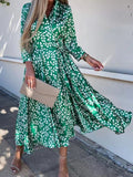 Women Casual Loose Commuter Dresses Spring Long Sleeve Vintage Print Boho Maxi Dress Fashion Lapel Chic Lace Up Party Dress