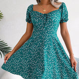 Zjkrl - 2023 New Casual Short Sleeve Square Neck Lace-up Dress Retro Women Floral Printed Mini Dress Ladies Fashion Slim Office Dresses
