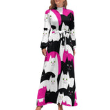Zjkrl - Cute Cats Print Dress Funny Animal Elegant Printed Maxi Dress High Waist Long-Sleeve Street Fashion Bohemia Long Dresses
