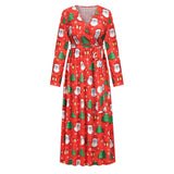Women Maxi Dress Autumn Fashion Christmas Festival Print Long Sleeve V Neck Lace Up Slim Party Dresses High Streetwear