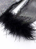 Zjkrl 2023 Sexy Rhinestones Mesh Feathers Dress Women Fashion Tassel See Through Long Sleeve Dress Shinny Sequins Club Party Outfit