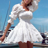 Women Solid Hollow Out Party Dresses Elegant Ruffles Loose Lace Patchwork Casual Dress Summer Sexy Square Collar Dress Vestidos