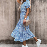 Vintage Floral Print Dresses Women Summer Sexy V Neck Side Slit Elegant Long Dress Female Casual Short Sleeve Button Party Dress