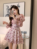 Zjkrl - 2023 Summer Sweet Elegant Short Party Dress Korean Fashion Floral Mini Dress Beach Long Sleeve Casual Vintage Dress Woman Chic