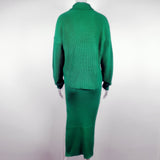 Women Casual Solid Knitted Slim Sweater Warm Suit Long Sleeve Stand Collar Pullover and Side Split Skirt Winter New Fashion