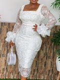 Zjkrl - Guest Wedding Dress Woman Bodycon Shiny Square Collar Long Sleeves Lace Patchwork Birthday African Party Event Occasion Gown New