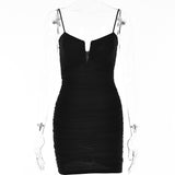 Spaghetti Strap Ruched Dress Women 2023 Spring Sexy Slim Elegant Clubwear Solid Sleeveless Backless Sheath Dress Female