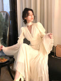 Zjkrl - 2023 Spring Elegant V-Neck Midi Dress Office Lady Long Sleeve Casual One Piece Dress Korean French Vintage Chiffon Dress Women