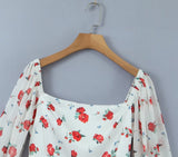 Zjkrl - 2023 Women French Style Rose Flower Print Satin Dress Vintage Puff Long Sleeve Ladies Holiday Mini Robe