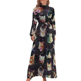 Zjkrl - Cute Cats Print Dress Funny Animal Elegant Printed Maxi Dress High Waist Long-Sleeve Street Fashion Bohemia Long Dresses