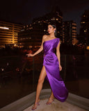 New Ladies Purple One Shoulder Sexy Skinny Draped Sleeveless Sequin Cutout High Slit Long Celebrity Party Dress