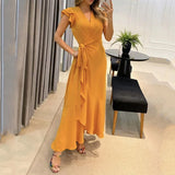 Women Maxi Dress Summer Casual Solid Butterfly Short Sleeve V Neck Lace Up Nipped Waist Ruffle Party Dresses