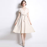 Zjkrl - 2023 Summer Women Elegant Midi Dress Solid Color Black Apricot Short Sleeve Classic French Dresses Luxury Evening Partry Vestido