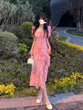 Short Sleeve French Elegant Dress Beach Floral One Piece Dress Korean Fashion Party Summer Casual Vintage Midi Dress Woman