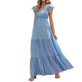 Zjkrl Women s Summer Long Beachwear Dress Ruffle Sleeve V Neck Boho Floral A-line Dress