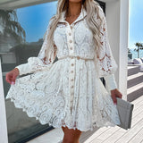 Zjkrl - Elegant Stand Collar Button Shirt Dress Sexy Lace Embroidery Stitch Long Dress Lady Casual Long Sleeve Hollow Solid Party Dress