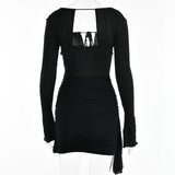 Zjkrl - Hollow Out Spaghetti Strap Dresses Women Sexy High Waist Long Sleeve Party Outfits Solid Backless Black Fishbone Dress