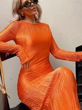 Zjkrl Women Fashion Long Sleeve Streetwear Bodycon Orange Midi Dress Autumn Clothes Wholesale Items For Business