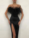 Zjkrl Luxury Feathers Dress Women Sleeveless Spaghetti Strap High Waist Bodycon Slit Mid-calf Wedding Birthday Party Evening Dresses