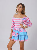 Zjkrl Summer Mixed Floral Prints Ruffled Holiday Dress Square Neck Smocked Sexy Laides Dress Mini Dress