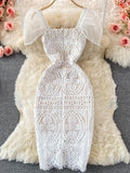 Zjkrl White Lace Dresses for Women Summer 2023 New Puff Sleeve Square Collar Back Zipper Hollow Out A-Line Evening Midi Dress