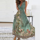 Zjkrl - Elegant Pattern Print High Waist Party Dress Summer Deep V Neck Sleeveless Long Dress Female A-Line Big Hem Slim Evening Dresses