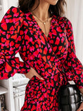 Zjkrl - Elegant Ruffles V Neck Red Long Lantern Sleeve Print Wrap Dress