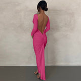 Zjkrl - Autumn Long Sleeve Backess Maxi Dress Pink Women Ruched Sexy Party Evening Clubwear Cut Out Bodycon Dresses
