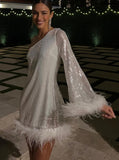 Zjkrl - Sexy Sequin White Dress Ladies Fashion One Shoulder Long Sleeve Mini Dress Elegant Feathers Party Dresses For Women 2023