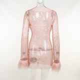 Zjkrl Fall Party Dresses For Women Fashion Sexy Feather Patchwork Long Sleeve Mesh Dress Women Autumn See-through Bodycon Package Hip Party Night Club Dresses