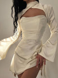 Zjkrl Long Sleeve Satin Dress White Sexy Evening Wedding Guest Night Dress Party Dress Draped Mini Birthday Dress For Women lined