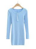 Zjkrl - Women Fashion Slim-fit Solid Mini Dress Vintage O-Neck Long Sleeves Single Breasted Female Chic Lady Dresses
