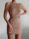 Zjkrl 2023 Sexy Sleeveless Off Shoulder Skinny Dress Fashion Mini High Waist Party Dress for Women Elegant Halter Chain Sequin Dress