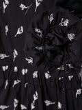 New Fashion Women Floral Embroidery Black Midi Dress Vintage Puff Sleeve O Neck Female Dress