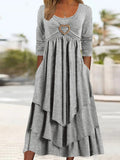 Zjkrl Elegant Office Women Patchwork Pockets Midi Dress Round Neck Basic Solid Long Sleeve Dress Lady Casual Summer Ruffles Club Dress