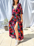 Zjkrl - Elegant Split Party Streetwear Dress Women Half Sleeve Chiffon Dress Fashion Beach Printed Summer Dress V Neck Long Cover Up